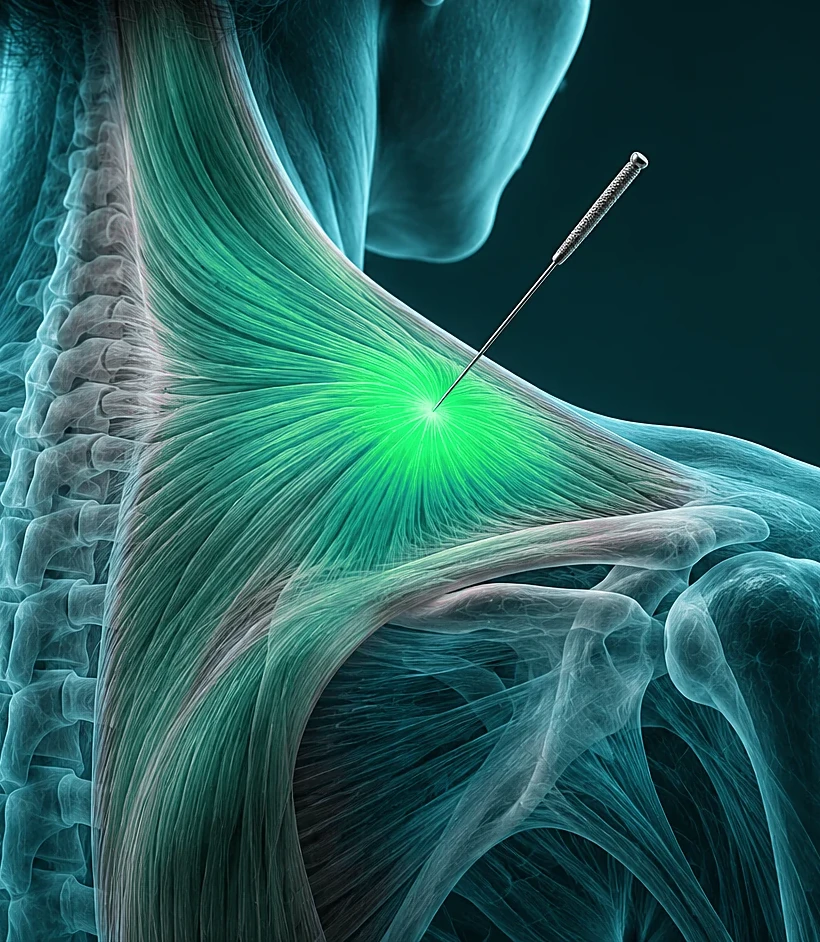 Illustratie van dry needling in een triggerpoint van de nek- en schouderspier